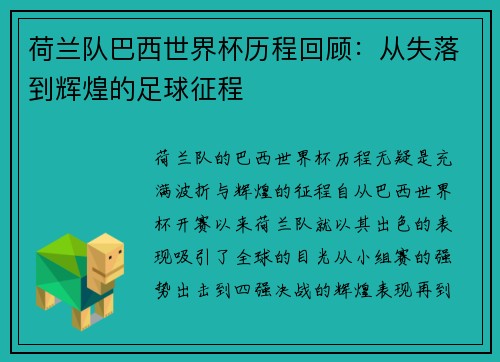 荷兰队巴西世界杯历程回顾：从失落到辉煌的足球征程